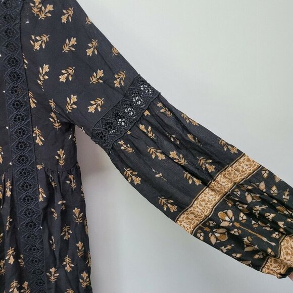 Honey Punch Black Brown Tan Floral Long Sleeve Mini Dress Size Medium Boho - Picture 5 of 11